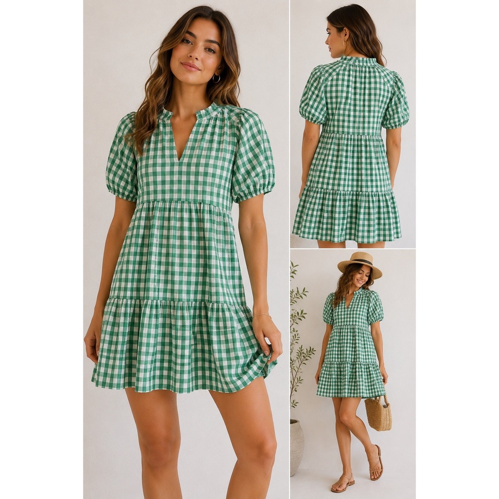 BB Dakota Steve Madden Green White Gingham Tiered Babydoll Dress XS Cottagecore